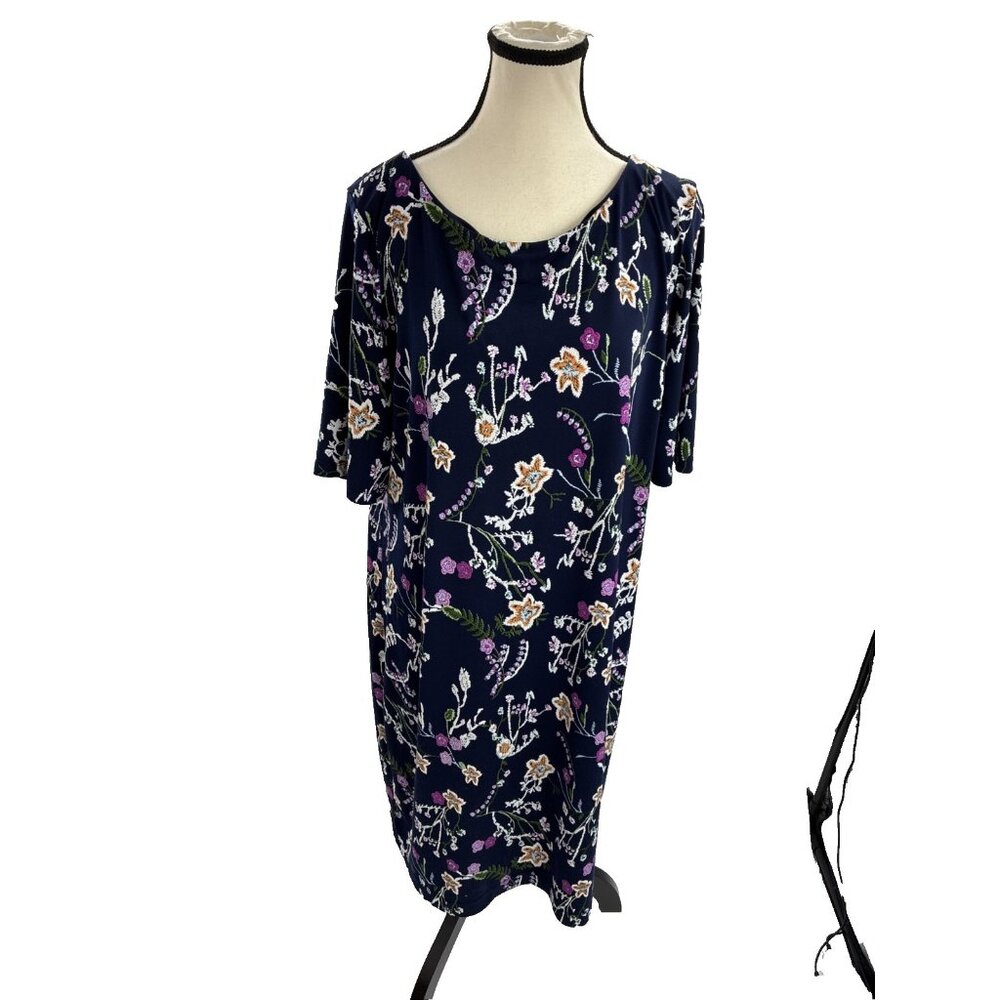 Karin Stevens Womens XL Navy Floral Print Midi Dress Short Sleeve Casual Boho